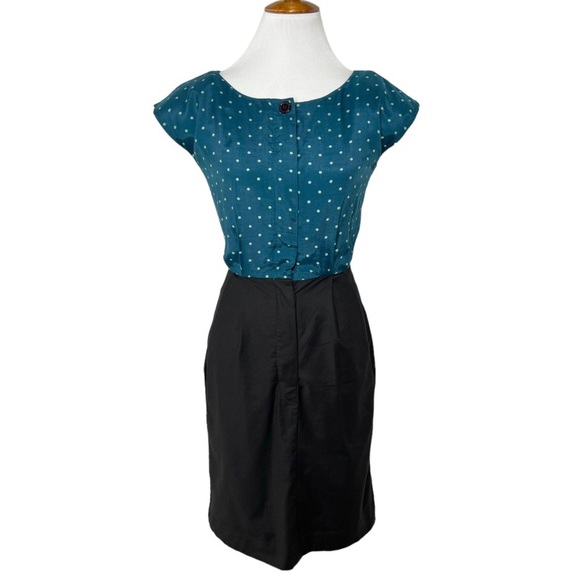 Modcloth Dresses & Skirts - Modcloth Emily and Fin Teal Polka Dot Black Retro Cap Sleeve Sheath Dress